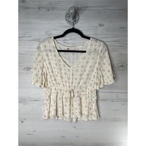 SO Goods For Life Shirt Womens Medium Ivory Peplum‎ V Neck Flutter Sleeve Boho